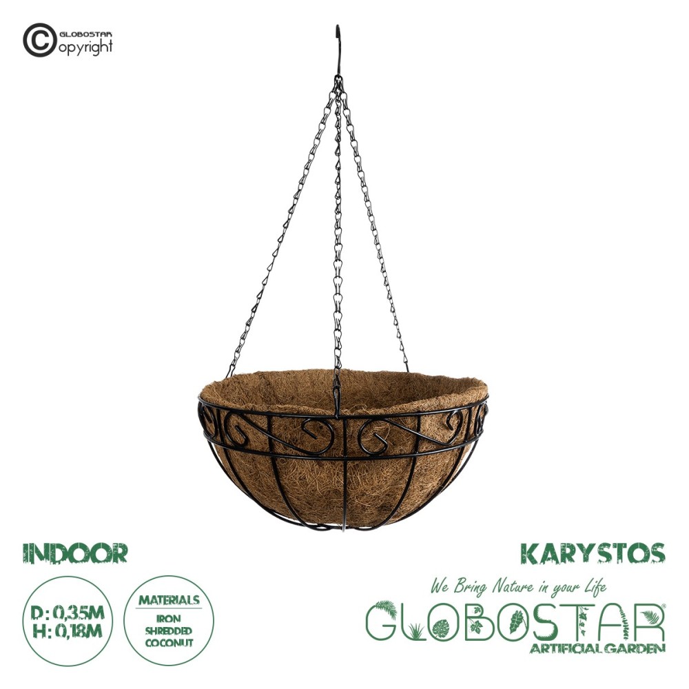 GloboStar® Artificial Garden KARYSTOS 20564 Κρεμαστό Διακοσμητικό Κασπώ Γλάστρα - Flower Pot από Φλοιό Καρύδας Καφέ με Μαύρη Μεταλλική Βάση Φ35 x Υ18cm
